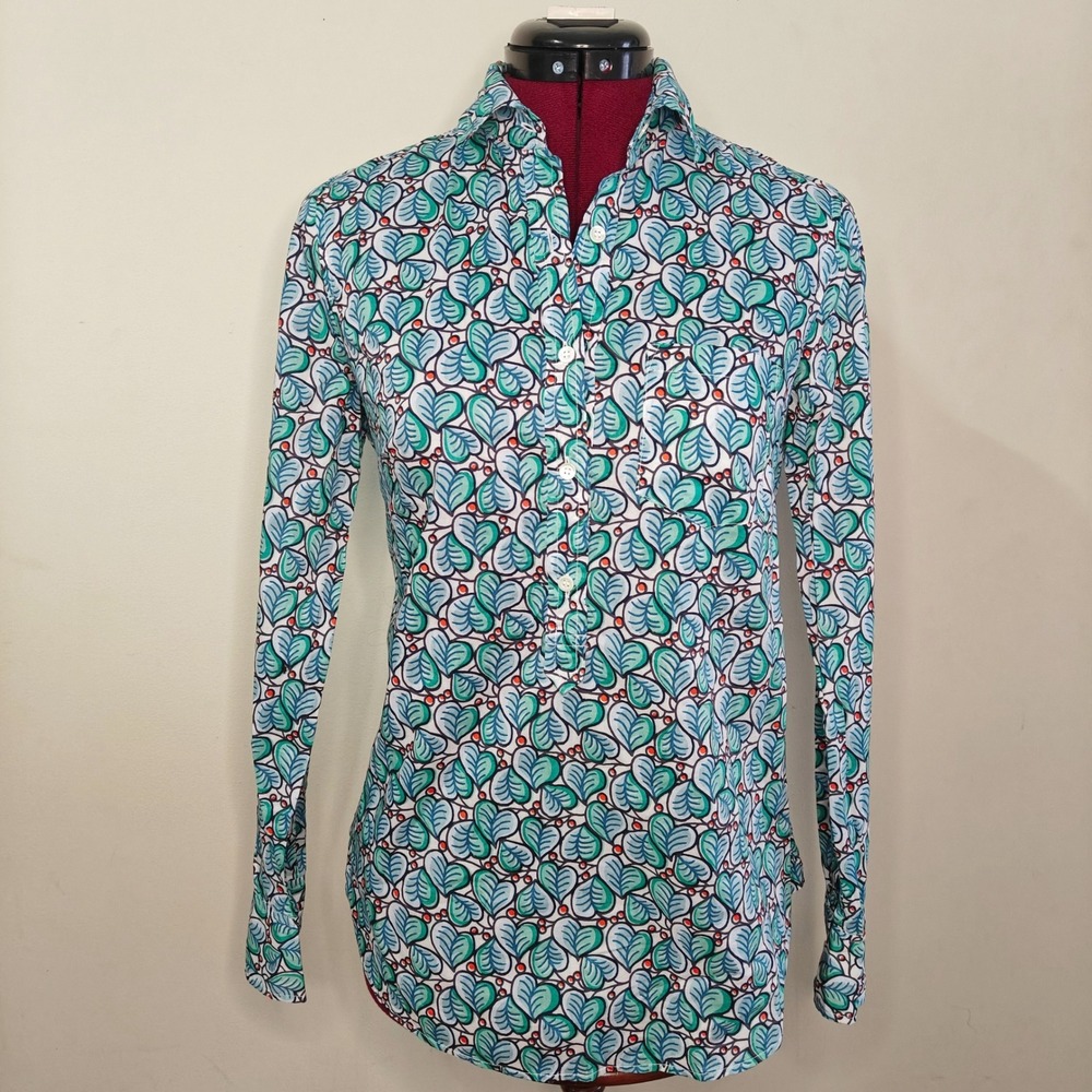 J.Crew Womens Popover Collared Blouse Shirt Green Tropical 100% Cotton Size 0